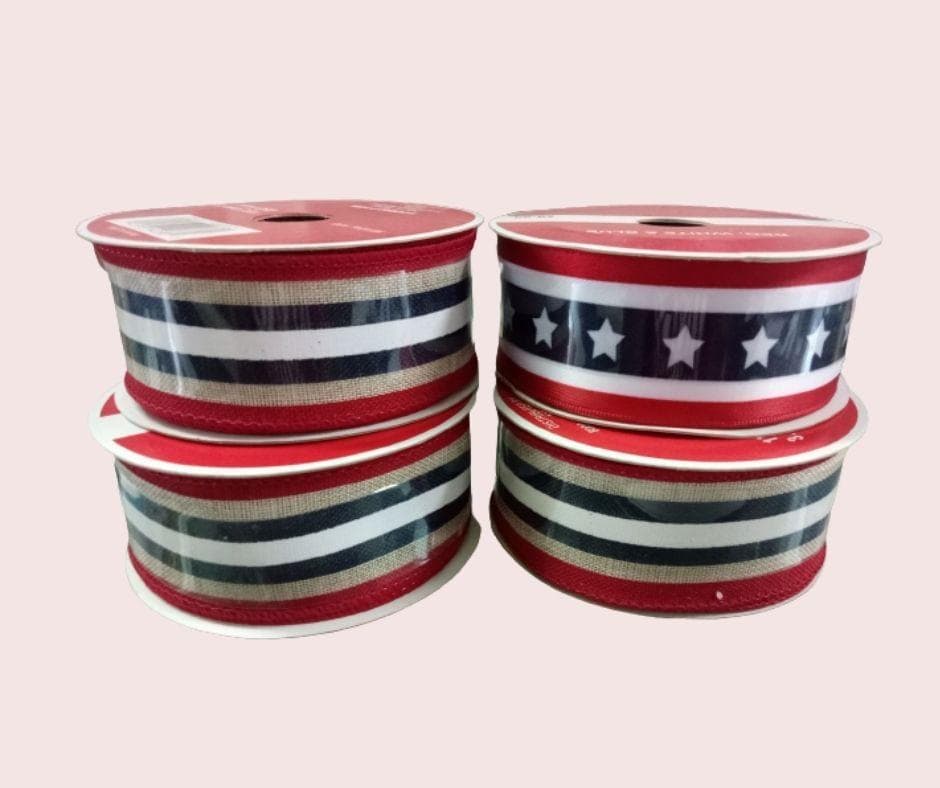 Stars & Stripes Wired Edge Ribbon - (Canvas, Red, White, Navy Blue) - 25 feet